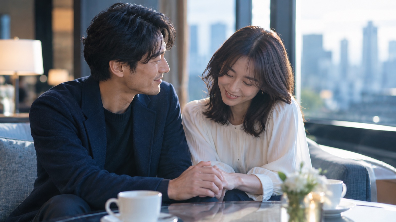 ホテルのラウンジで寄り添い、手を重ねて微笑み合う男女（イメージ）