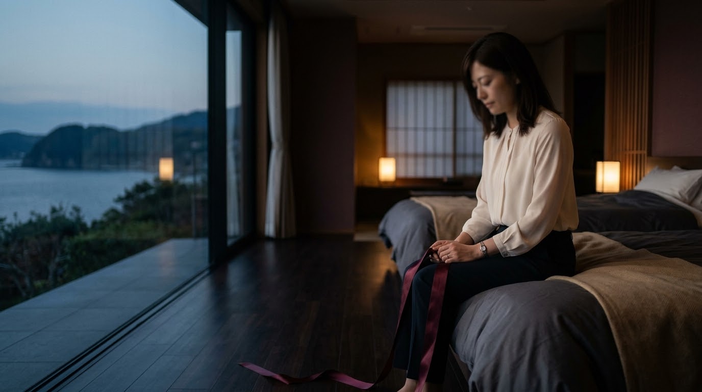 夕暮れのホテルの部屋で、リボンを手に静かに座る女性